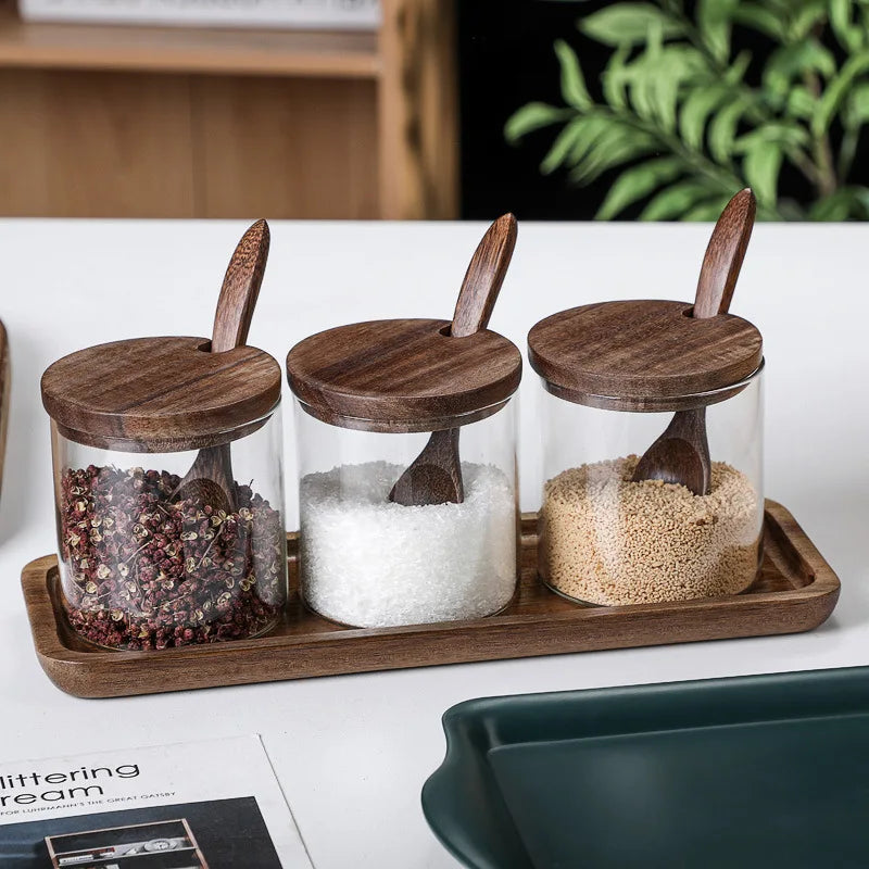 Tovik | Nixie Glasopbevaringssæt med Trælåg | Elegant Køkkenopbevaring